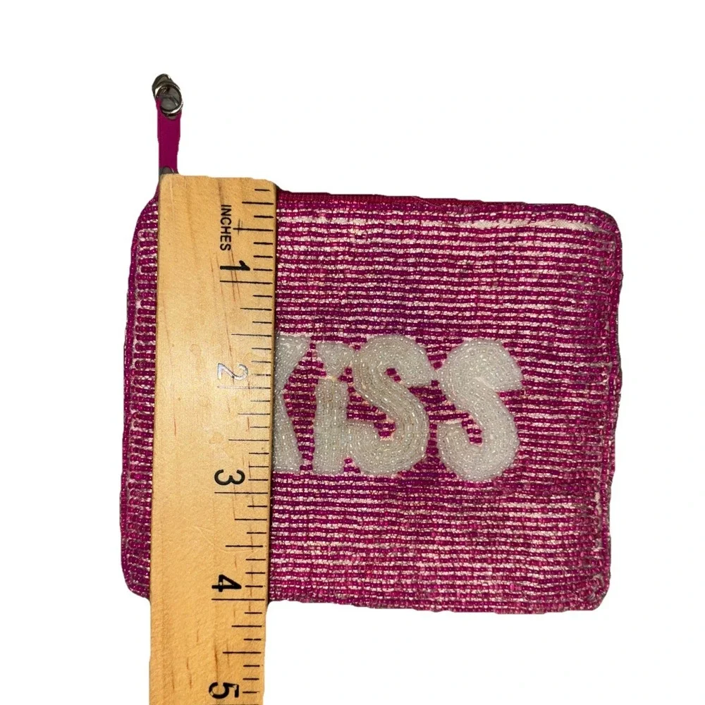 Kiss Beaded Coin Purse Pink White 5x4